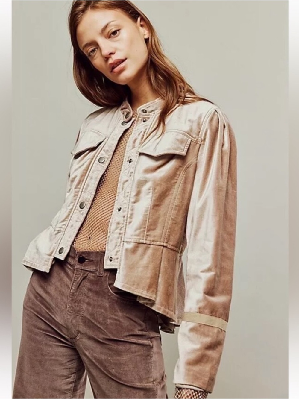 Free People Ballet Racer Jacket Blush Champagne Velvet Cropped Pockets Peplum L